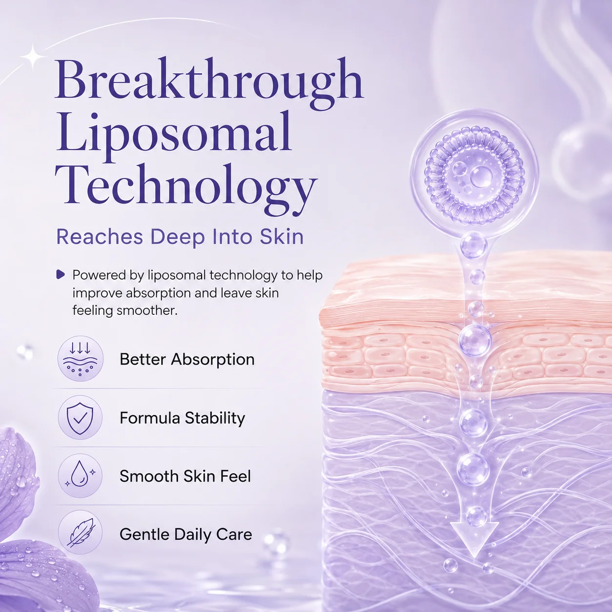 Illustration of liposomal technology showcasing better skin absorption, formula stability, smooth skin feel, and gentle care.